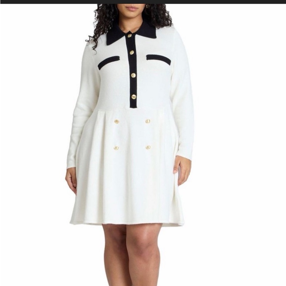 Eloquii White and Black Long Sleeve Sweater Dress